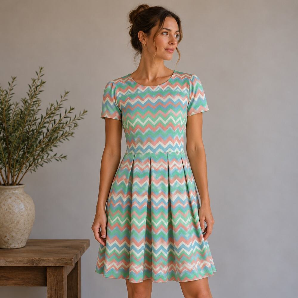 Altar'd State Pastel Chevron Short Sleeve Fit & Flare  Dress Large
